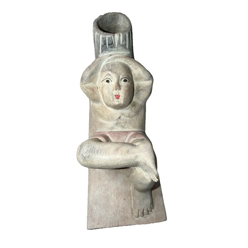 Vintage Carved Wood Figurine Asian Man Good Luck Candle‎ Flower Holder Tabletop